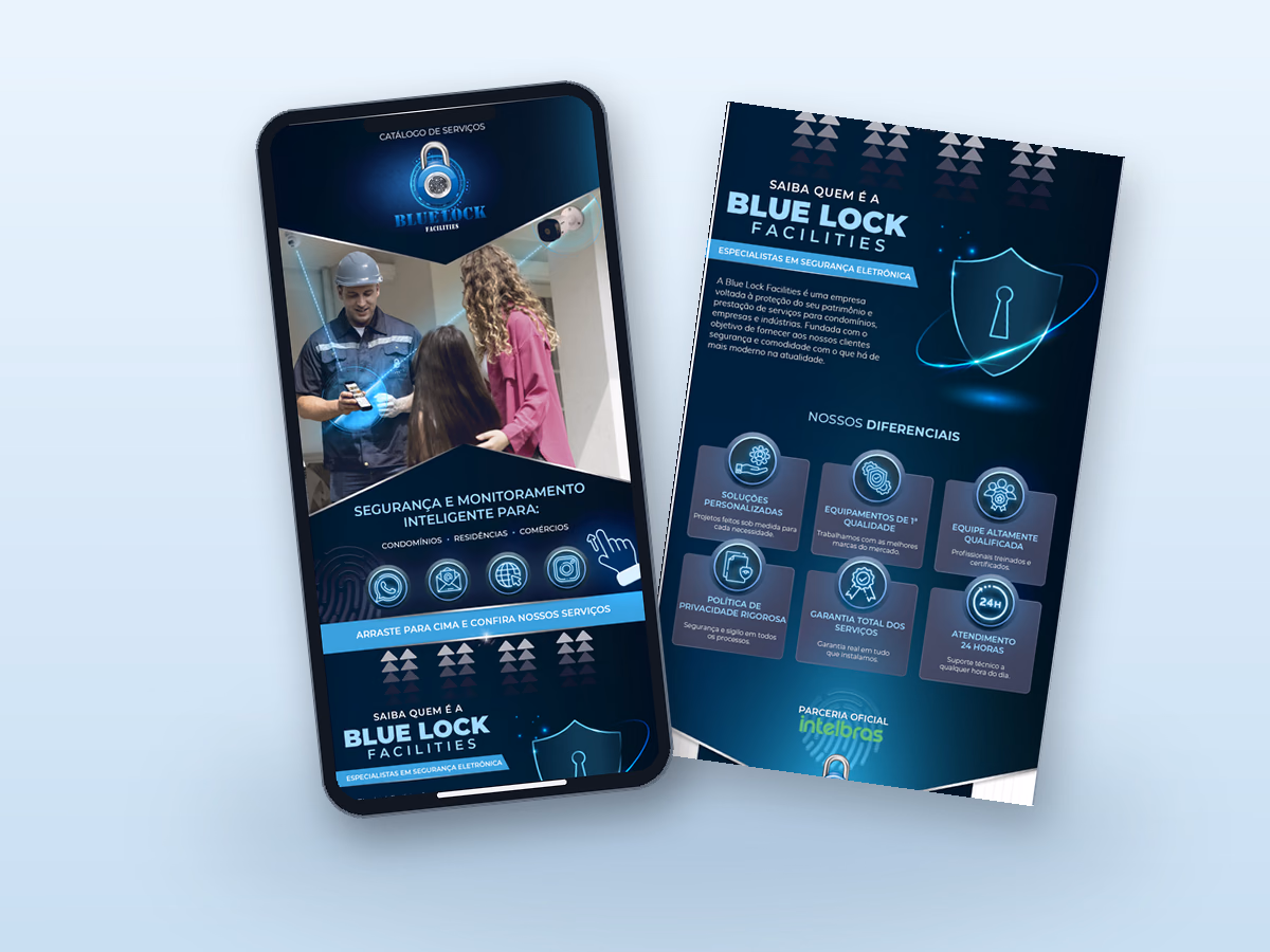 Catálogo digital de serviços de Blue Lock, criado pela Gerencie Web.