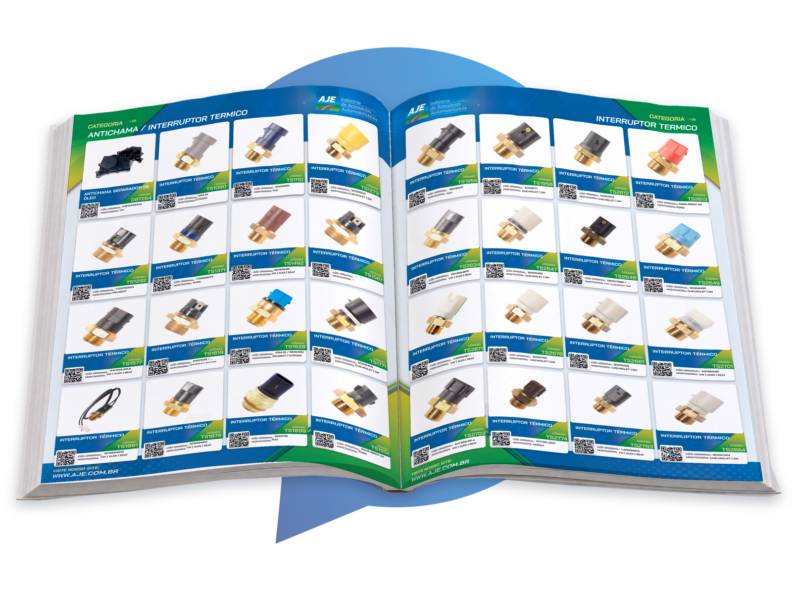 Catálogo AJE 2026 aberto nas páginas 10 e 11, com peças, códigos e QR Codes por produto. Trabalho da Gerencie Web.