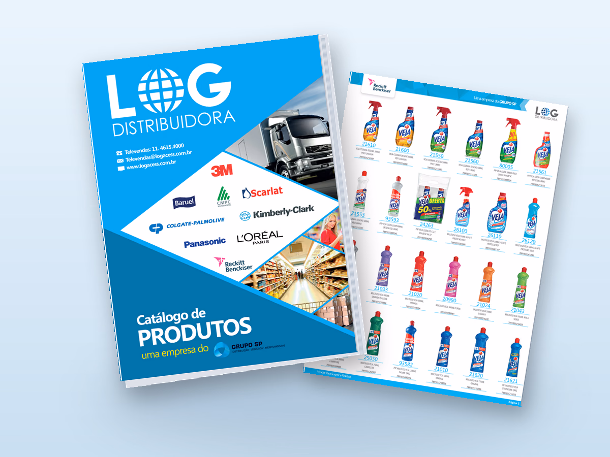 Catálogo impresso de LOG Distribuidora, criado pela Gerencie Web.