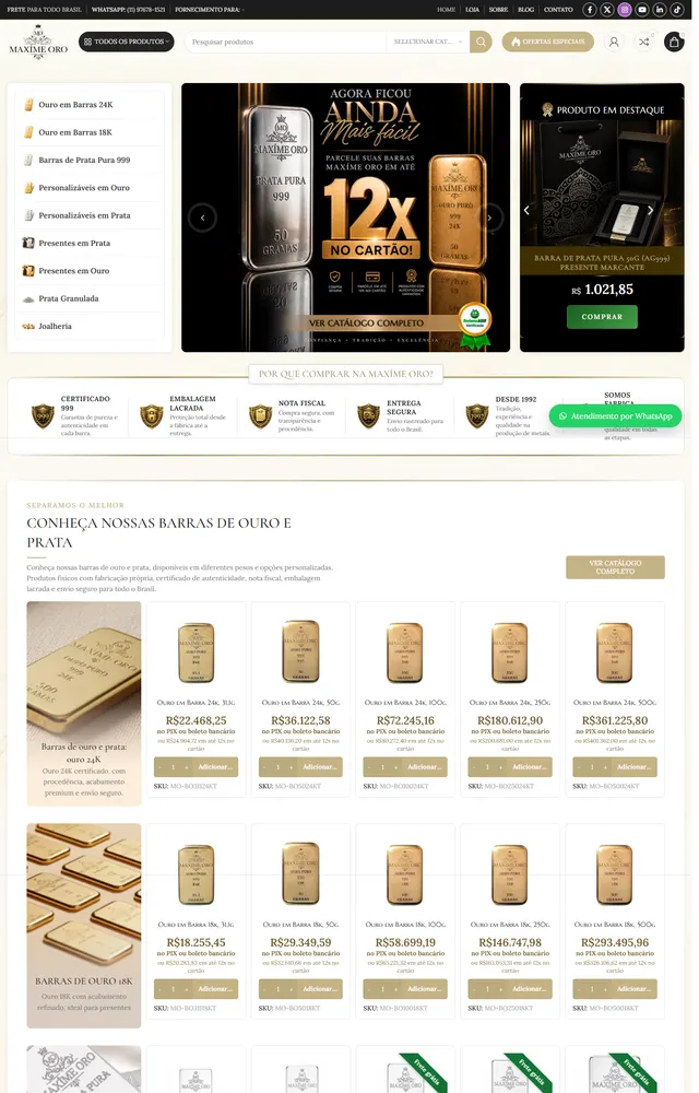 Site Maxíme Oro aberto no computador e no celular.