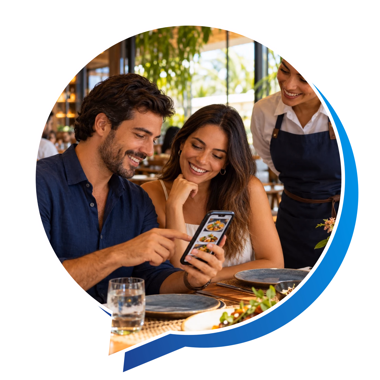 Cena ilustrativa: Clientes consultando informações de um restaurante pelo celular à mesa.