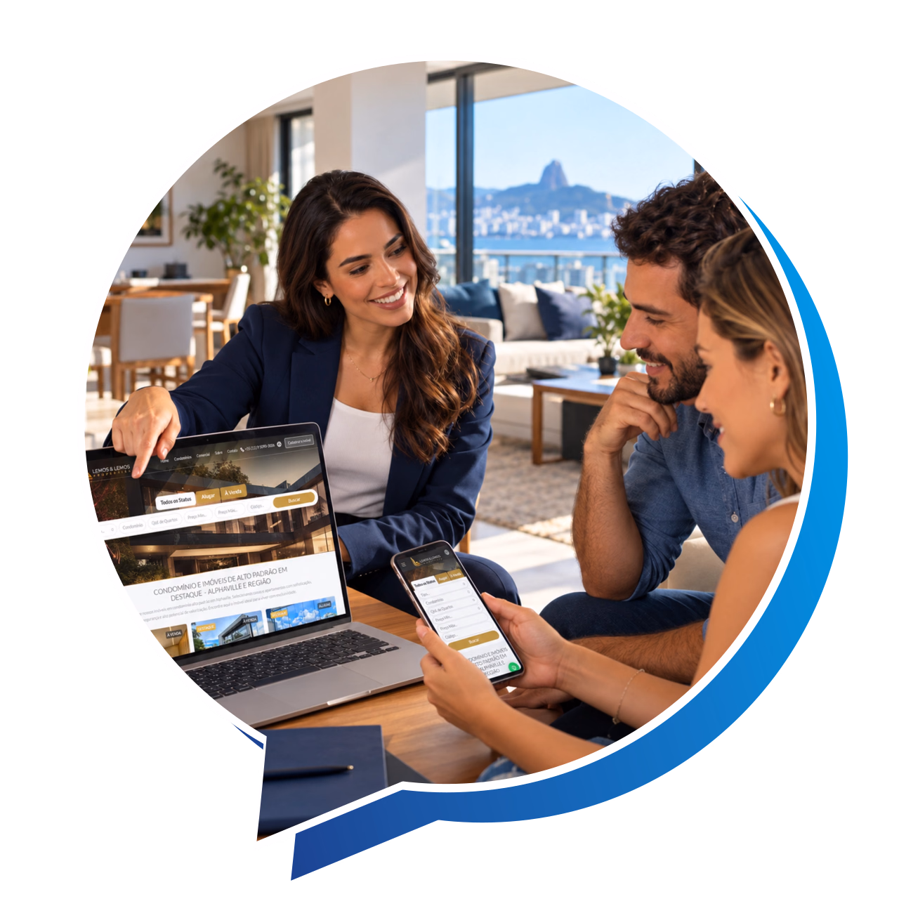 Cena ilustrativa: Corretora e clientes consultando o site da Lemos & Lemos Properties no notebook e no celular.