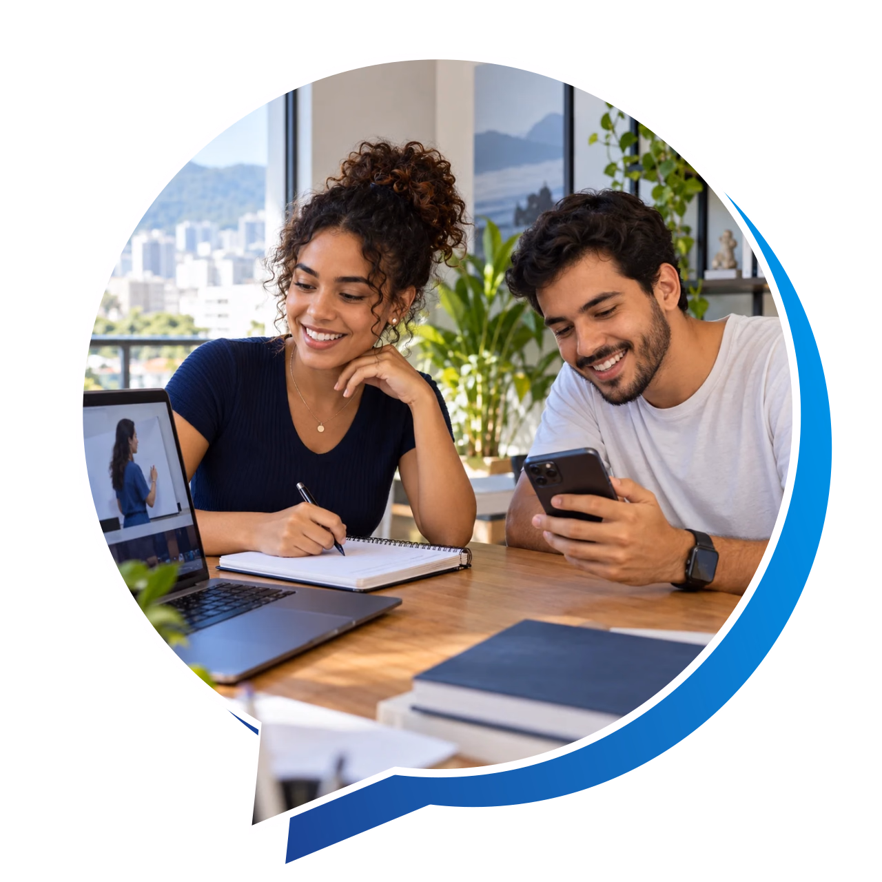 Cena ilustrativa: Adultos estudando em um notebook e consultando conteúdos pelo celular.