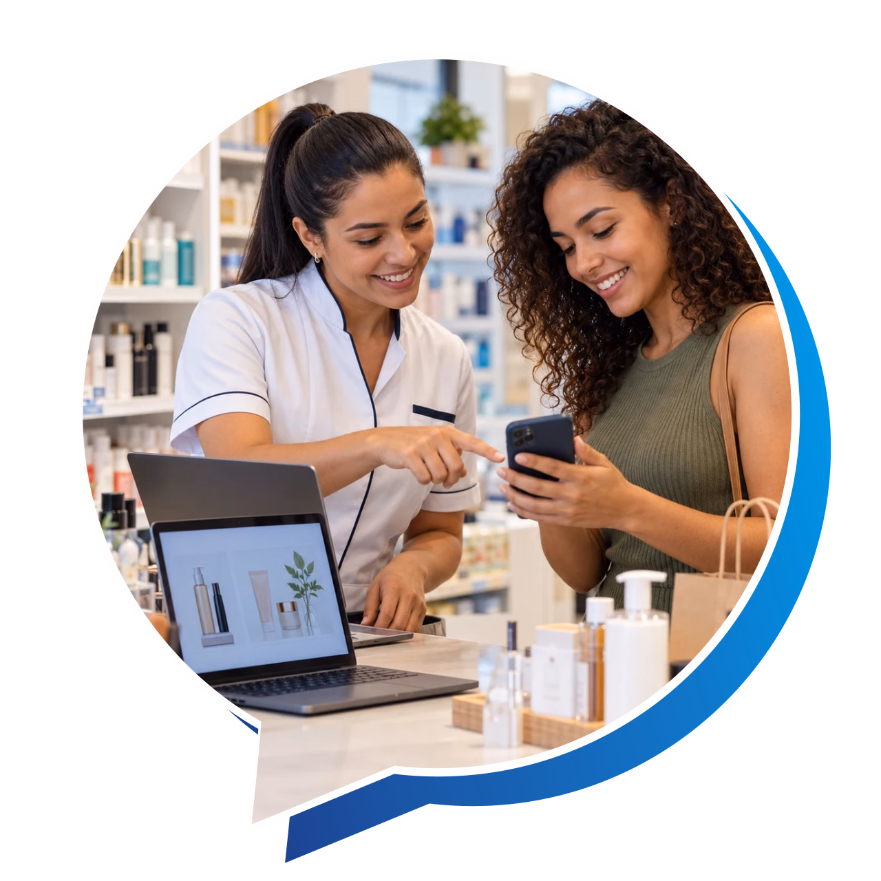 Cena ilustrativa: Profissional e cliente consultando produtos de cuidados pessoais pelo celular.