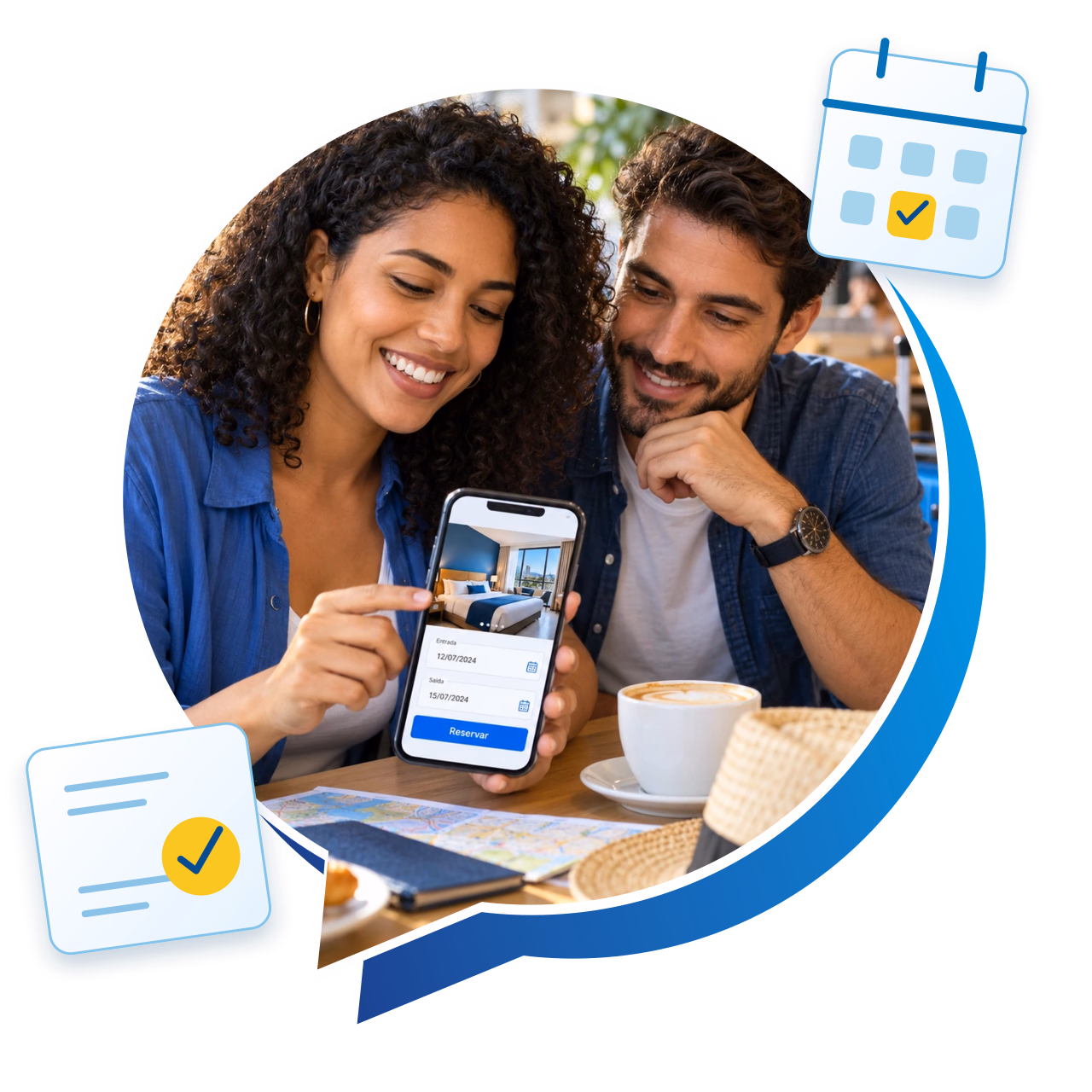 Cena ilustrativa: Casal escolhendo uma hospedagem e consultando a reserva pelo celular.