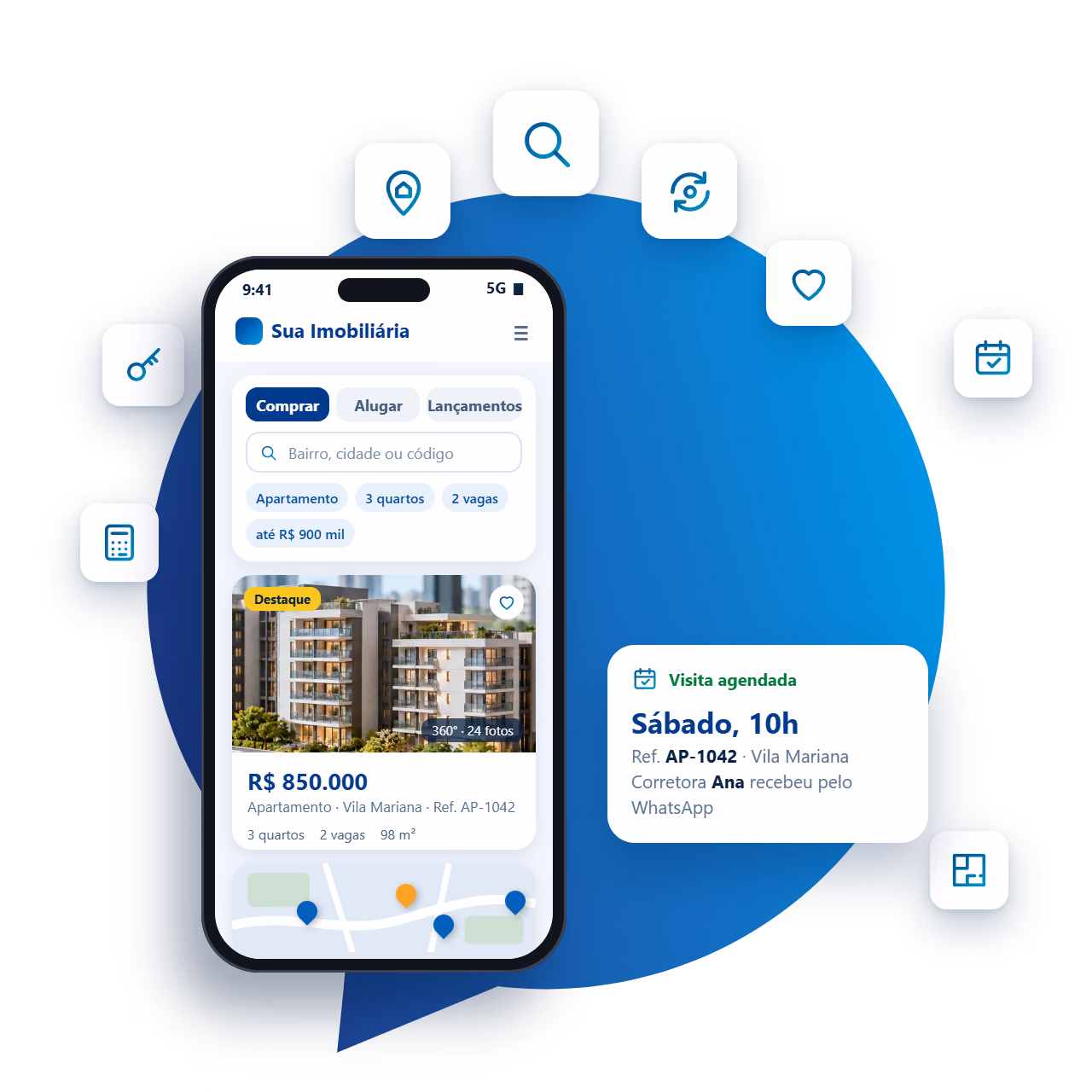 Imobiliárias e Corretores: portal de imóveis no celular, com busca, anúncio, mapa e visita agendada, no balão original da Gerencie Web.