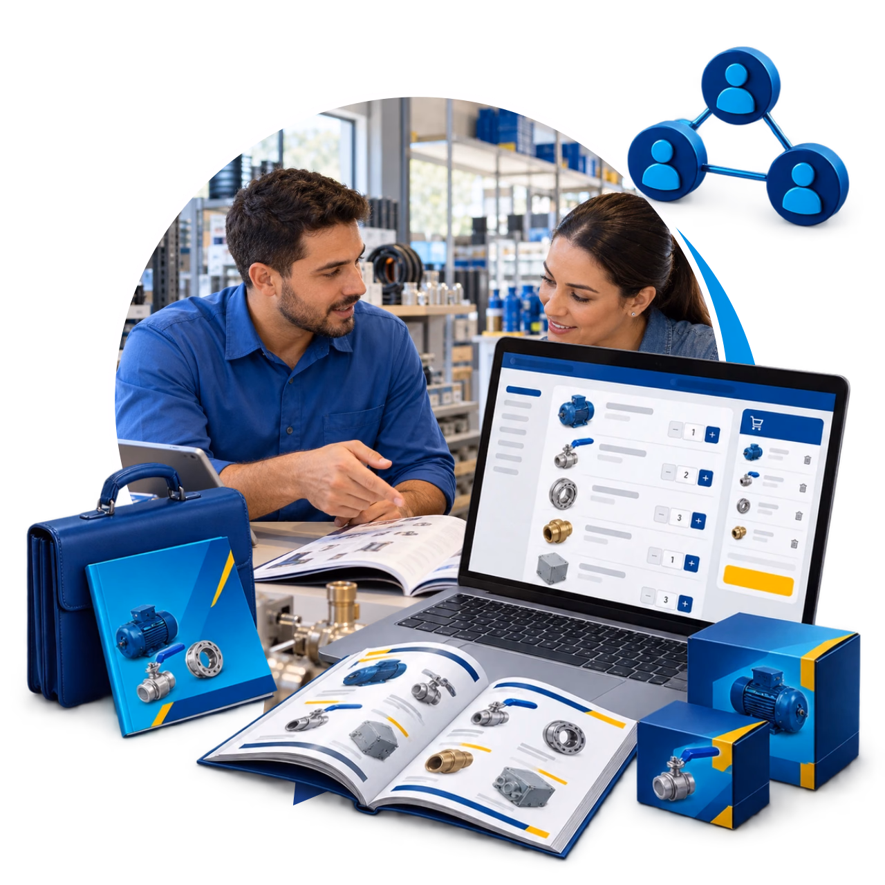 Representante e cliente analisando um catálogo, na máscara original do balão da Gerencie Web, com plataforma B2B, catálogo impresso e elementos de relacionamento comercial.